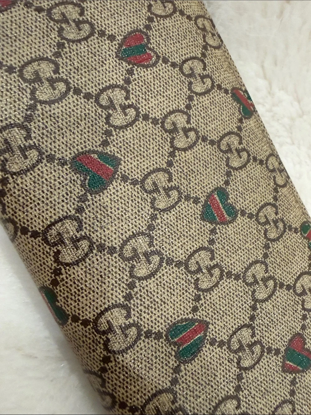 Gucci Beige GG Monogram Zip Wallet with Red & Green Hearts GG pull Authentic!